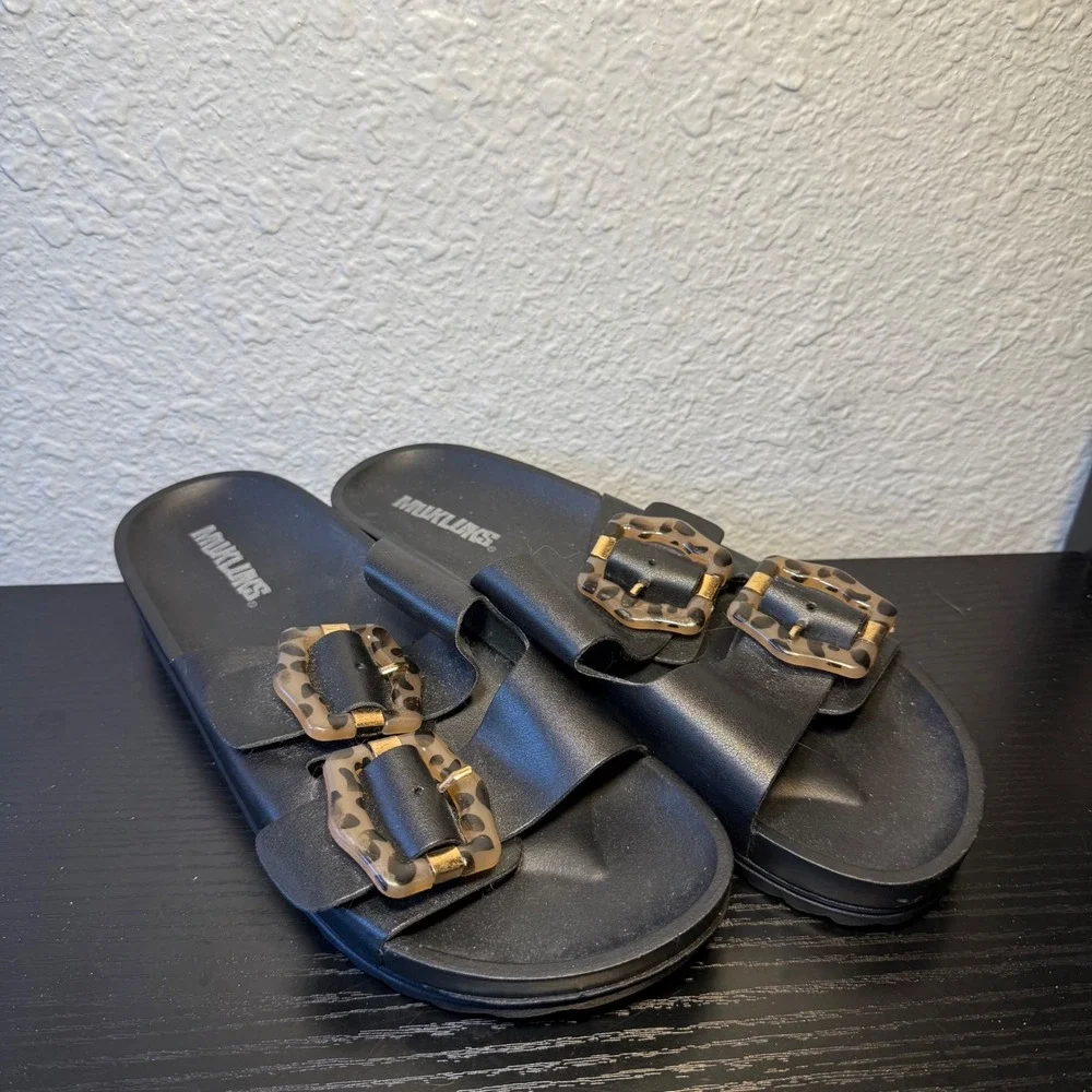 Muk Luks Grand Cayman Slide Women US 9 Black Leather Casual SlipOn Sandal EUR 39